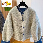 初徑2025新款小香風(fēng)羊羔毛外套女秋冬新款復古撞色拼接加厚棉襖棉服寬 牛仔拼接羊圈絨外套米色 S 80-100斤