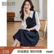熙世界假兩件拼接連衣裙女2025秋新款氣質(zhì)優(yōu)雅撞色長(zhǎng)袖襯衫裙子 夜普藍(lán) L
