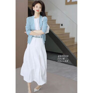 花花公子（PLAYBOY）2025春新款氣質(zhì)針織開(kāi)衫高腰半身裙小清新兩件套 淺藍長(cháng)袖針織開(kāi)衫+白色半身傘裙【套裝】 S 【80-95斤】