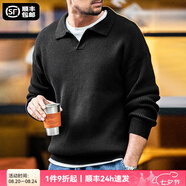 馬登工裝 美式復古翻領(lǐng)針織衫豎織坑條polo衫慵懶套頭毛衣男秋季 黑色 2XL