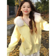 燦圖白色軟糯慵懶風(fēng)連帽毛領(lǐng)針織衫外套女秋冬季設計感拉鏈開(kāi)衫毛衣潮 黃色 均碼 建議80-150斤