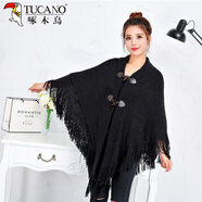 啄木鳥(niǎo)春秋裝外搭披肩斗篷式帶扣開(kāi)衫蝙蝠外套女秋冬中長(cháng)款V領(lǐng)針織披風(fēng) 黑色