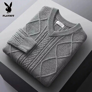 花花公子高檔毛衫男加厚v領(lǐng)毛衣秋冬加厚保暖男士毛衣麻花粗線(xiàn)寬松針織衫 灰色加 厚款 L 100-120斤