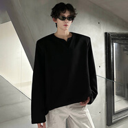 閃爆秋季寬松感小眾設計感V領(lǐng)墊肩長(cháng)袖恤打底衫 黑色 M