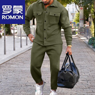羅蒙（ROMON）秋冬時尚麂皮絨夾克套裝男秋季歐美單排扣休閑純色修身茄克兩件套軍綠色S (130-150)