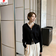 皮爾卡丹雙開(kāi)頭拉鏈連帽毛衣女冬韓版色寬松顯瘦毛線(xiàn)衫短款上衣秋冬外套 黑色 S 80斤-95斤