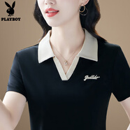 花花公子時(shí)尚女裝短袖t恤上衣女2025新款夏裝寬松洋氣中年媽媽裝polo衫 黑色 XL