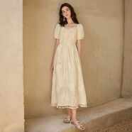 亦谷（YIGUE）亦谷流蘇織帶拼接洋裝2025女秋季新款覆古風(fēng)泡泡袖印花中長(cháng)裙子 日光黃淡黃 S