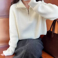 SATCHI2025歐美半拉鏈高領套頭毛衣女款時尚美拉德色系穿搭針織上衣 白色 均碼
