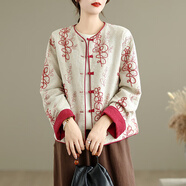蘑菇同學(xué)雙面穿新中式刺繡棉麻短外套女秋季紅色印花國風(fēng)對襟盤(pán)扣開(kāi)衫上衣 紅色雙面穿 L  建議110-125斤