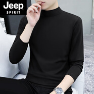 JEEP SPIRIT吉普半高領(lǐng)純色中領(lǐng)棉質(zhì)長袖t恤男裝春秋季秋衣內(nèi)搭時尚潮流男 黑色中領(lǐng) 薄T192款 M 85-115斤
