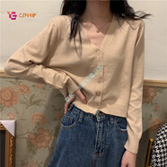 GPHF日本薄款針織外套女春秋韓版寬松毛衣外穿短款百搭V領(lǐng)打底衫上衣 杏色 S