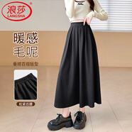 浪莎文藝范淑女毛呢半身裙女春秋冬季新款高腰百褶裙中長(cháng)款傘裙