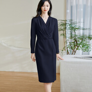 米思陽(yáng)（missshine）2025春季新款氣質(zhì)感收腰連衣裙v領(lǐng)褶皺修身一步裙0517 藏藍色現貨直發(fā) S