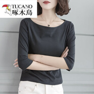 啄木鳥(niǎo)（TUCANO）新款春夏秋一字領(lǐng)中袖上衣一字肩T恤女修身顯瘦五分袖打底衫 黑色 XL 碼【建議115-125斤穿】