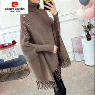 皮爾卡丹（pierre cardin）高領(lǐng)斗篷毛衣女秋冬韓版新款套頭披肩式蝙蝠袖流蘇寬松針織冬外套 卡其色 M (95-105斤)