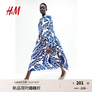 H&M女裝連衣裙2025秋季新款休閑風(fēng)圓領(lǐng)長(cháng)袖印花寬松中長(cháng)裙1263590 白色/藍色圖案 XXS 155/76