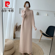 皮爾卡丹（pierre cardin）秋冬高領(lǐng)長袖針織打底連衣裙超長款毛衣裙內(nèi)搭加厚長裙打底衫長款 杏粉 XL (建議125-145體重)