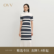OVV2024秋冬新款女裝經(jīng)典橫條紋高領(lǐng)長(zhǎng)袖羊毛針織連衣裙 藏青條紋 L