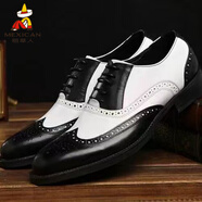 稻草人（MEXICAN）秋季男鞋大碼拼色正裝英倫布洛克雕花尖頭商務(wù)男鞋系帶男式皮鞋男 黑色 6618 38 標準尺碼