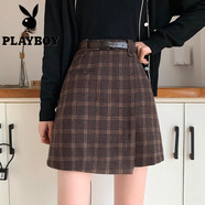花花公子（PLAYBOY）半身裙女秋冬季格子短裙2025新款春秋學生a字裙高腰顯瘦裙子 棕格 【腰帶】 XS 70-83斤