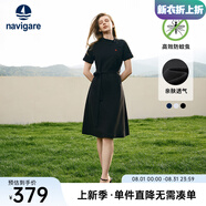 Navigare意大利小帆船短袖連衣裙女士夏季棉質斜領裙子時尚顯瘦半袖a字裙 暗夜黑 XL 碼