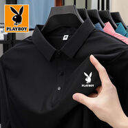 花花公子（PLAYBOY ESTABLISHED 1953）新款短袖POLO夏季男士翻領(lǐng)T恤純色休閑高檔商務(wù)2025 兔頭POLO黑色【高品質(zhì)】 M 建議80-100斤