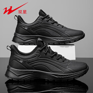 雙星男鞋秋季2025新款皮面防水防滑男士運動(dòng)軟底輕便跑步鞋子男款 黑色 42