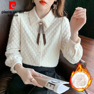 皮爾卡丹蝴蝶結女士襯衫2025春秋新款時(shí)尚洋氣上衣法式內搭蕾絲加絨打底衫 米白加絨 6XL 185-195斤