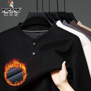 啄木鳥(niǎo)春秋季男士長(cháng)袖t恤加絨德絨紐扣打底衫衛衣休閑純色秋裝上衣服潮 黑色 S 165/80A