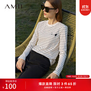 AMII女裝2025秋季新款百搭圓領(lǐng)套頭條紋愛心珠片簽名字母繡T 白黑條 XL 170/92A