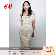 H&M女裝花卉連衣裙秋季花朵泡泡一字肩短袖植物印花長裙1230970 奶油色/碎花 S 160/88