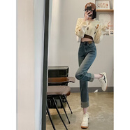 PMOG復古直筒牛仔褲女秋季2025新款煙管褲顯瘦修身小個(gè)子高腰牛仔褲女 藍色/九分 【官方】 S 建議85-98斤