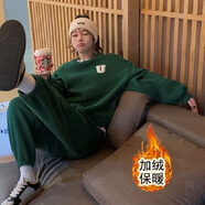 S.SOFEA加絨加厚女運(yùn)動套裝秋冬衛(wèi)衣長褲小香風(fēng)兩件套 綠色 XL