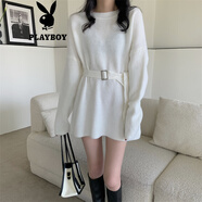 花花公子（PLAYBOY）韓版收腰顯瘦毛衣裙女中長款洋氣圓領(lǐng)套頭針織打底衫配腰帶連衣裙 米白色 關(guān)注店鋪優(yōu)先發(fā)貨官方旗 S 【80斤以下】