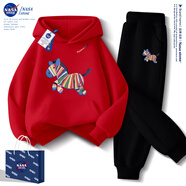 NASA STONE兒童衛衣套裝秋冬裝2026馬年紅色本命年衣服男女童加絨過(guò)年拜年服 紅色+黑褲子（春秋款一） 150 兒童尺碼推薦【70-80斤】