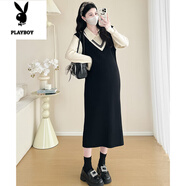 花花公子（PLAYBOY）孕婦針織連衣裙春秋2025新款粉色毛衣裙打底長(cháng)裙女修身假兩件 黑色 M 建議108斤內