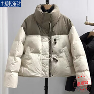 莫代爾2025冬季新款棉服韓版撞色棉服女牛角扣寬松時(shí)尚洋氣面包服短外套 米白拼卡其 L 125-140斤