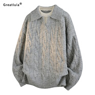GREATLUIA韓版慵懶風(fēng)套頭假兩件麻花毛衣秋冬季新款純色寬松簡(jiǎn)約舒適針織衫 淺灰 M