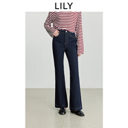 LILY2025冬新款復古原色彈力修身加絨休閑通勤深色微喇褲牛仔褲女 419牛仔藍 L