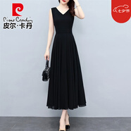皮爾卡丹（pierre cardin）無(wú)袖V領(lǐng)收腰顯瘦A字雪紡連衣裙黑色打底背心長(cháng)裙胖肥MM女秋夏 黑色 M 適合85-100斤