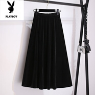 花花公子（PLAYBOY）大碼打底裙新款高腰a字金絲絨半身裙女胖mm裙子松緊腰顯瘦中長裙 黑色 XL 建議120-140斤