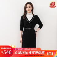 金菊早春新款毛衣自由領(lǐng)假兩件撞色百搭綿羊毛100%女式連衣裙 黑色 M(160/84A)