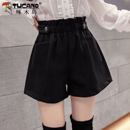 啄木鳥(niǎo)毛呢短褲女2025年秋冬新款外穿花苞高腰闊腿a字休閑大碼打底靴褲 黑色 2XL 建議130-145斤