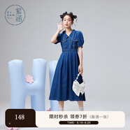 紫涵（ZIHAN）夏季復古牛仔連衣裙文藝翻領(lǐng)短袖長(cháng)裙高收腰時(shí)尚簡(jiǎn)約 牛仔藍 XS