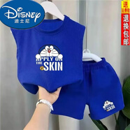 迪士尼（Disney）夏裝新款男童背心套裝小童寶寶夏天衣服兒童無袖短褲夏季兩件套 冰絲坎肩套裝藍(lán)色【叮當(dāng)貓】 90碼(建議15-22斤)