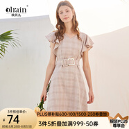 Olrain歐芮兒女裝格子連衣裙中長款西裝領(lǐng)雪紡女法式復(fù)古裙赫本風(fēng)桔梗裙 粉格 9XLB15819 S 155/80A