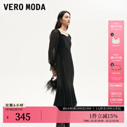 VEROMODA連衣裙秋季女裝新款天鵝絨拼接網(wǎng)紗魚尾長裙鉆石領(lǐng)東方簡奢風(fēng) 紗袖絲絨裙-黑色 XL