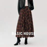 百家好（Basic House）Basic House/百家好復(fù)古格紋百褶裙女秋冬新款中長高腰顯瘦半身裙 黃色 XL