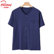 北極絨夏季薄款純棉半袖圓領開衫爸爸中老年短袖家居服睡衣男士上衣單件 深藍色-短袖上衣 XL 建議（100-120斤）